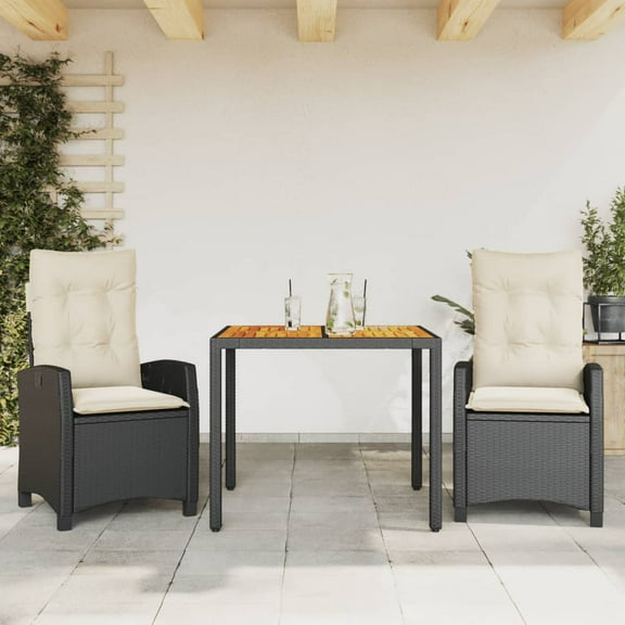 vidaXL 3 Piece Patio Dining Set with Cushions Black Poly Rattan