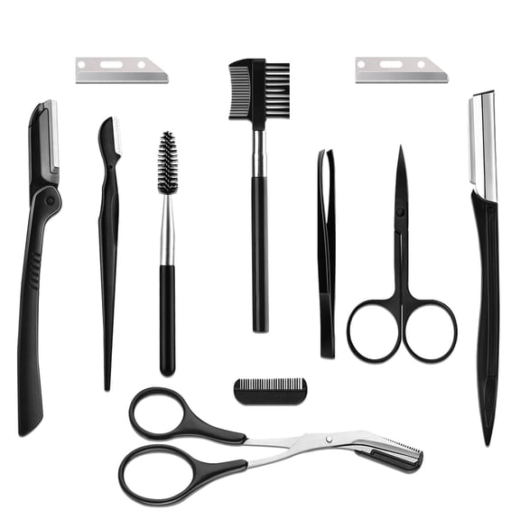 Somnr 11-in-1 Eyebrow Grooming Kit – Tweezers, Razors, Scissors, Brush & Comb for Women & Men, Black