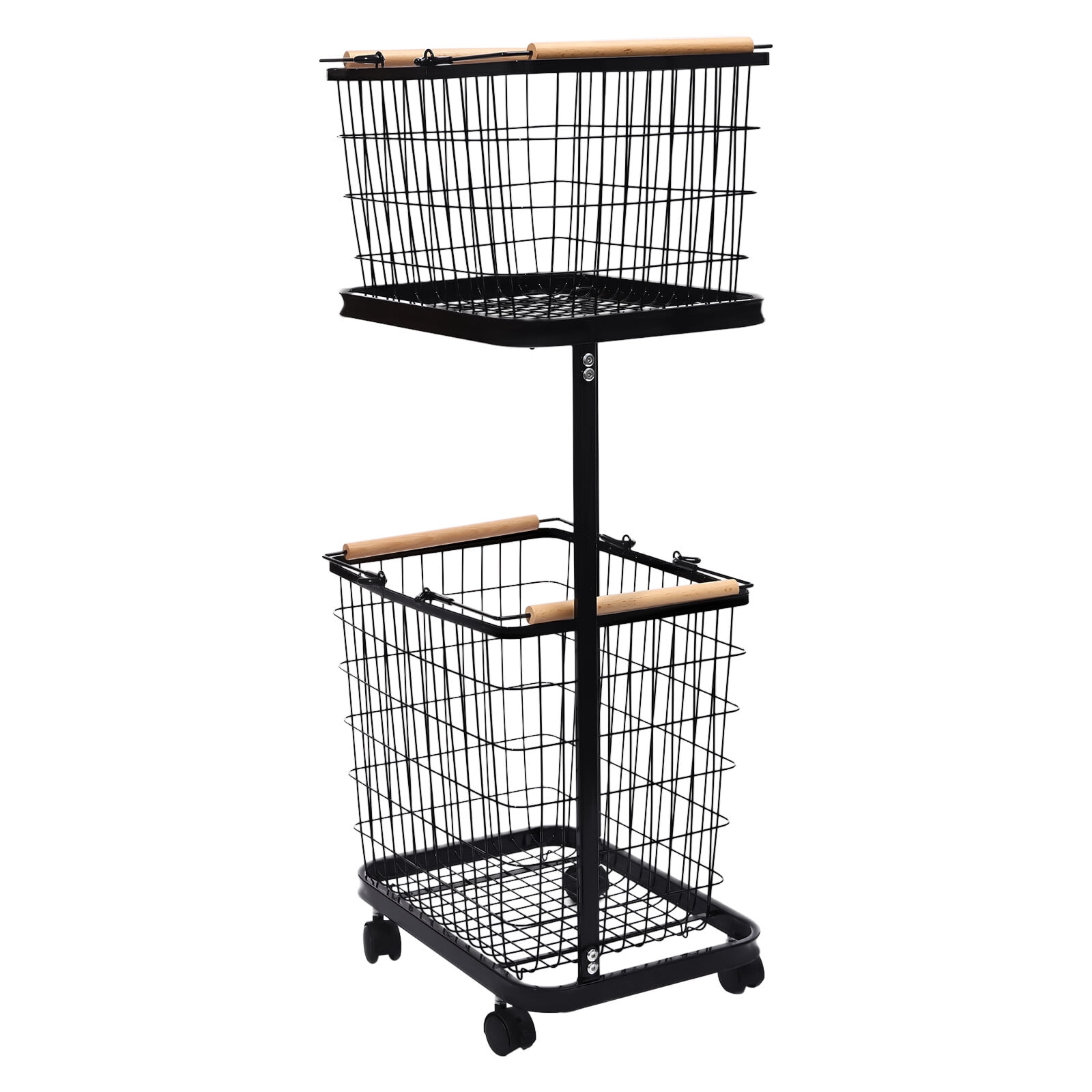 2 Tiers Metal Laundry Basket on Wheels Rectangular Black Large Laundry Hampers Laundry Room Organization and Storage with Removable Wire Baskets Clothing Sorting Laundry Baskets