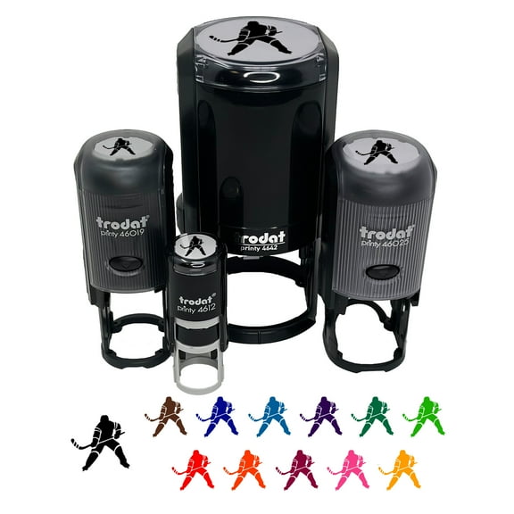 Hockey Player Holding Hockey Stick Self-Inking Rubber Stamp Ink Stamper - Black Ink - Mini 1/2 Inch