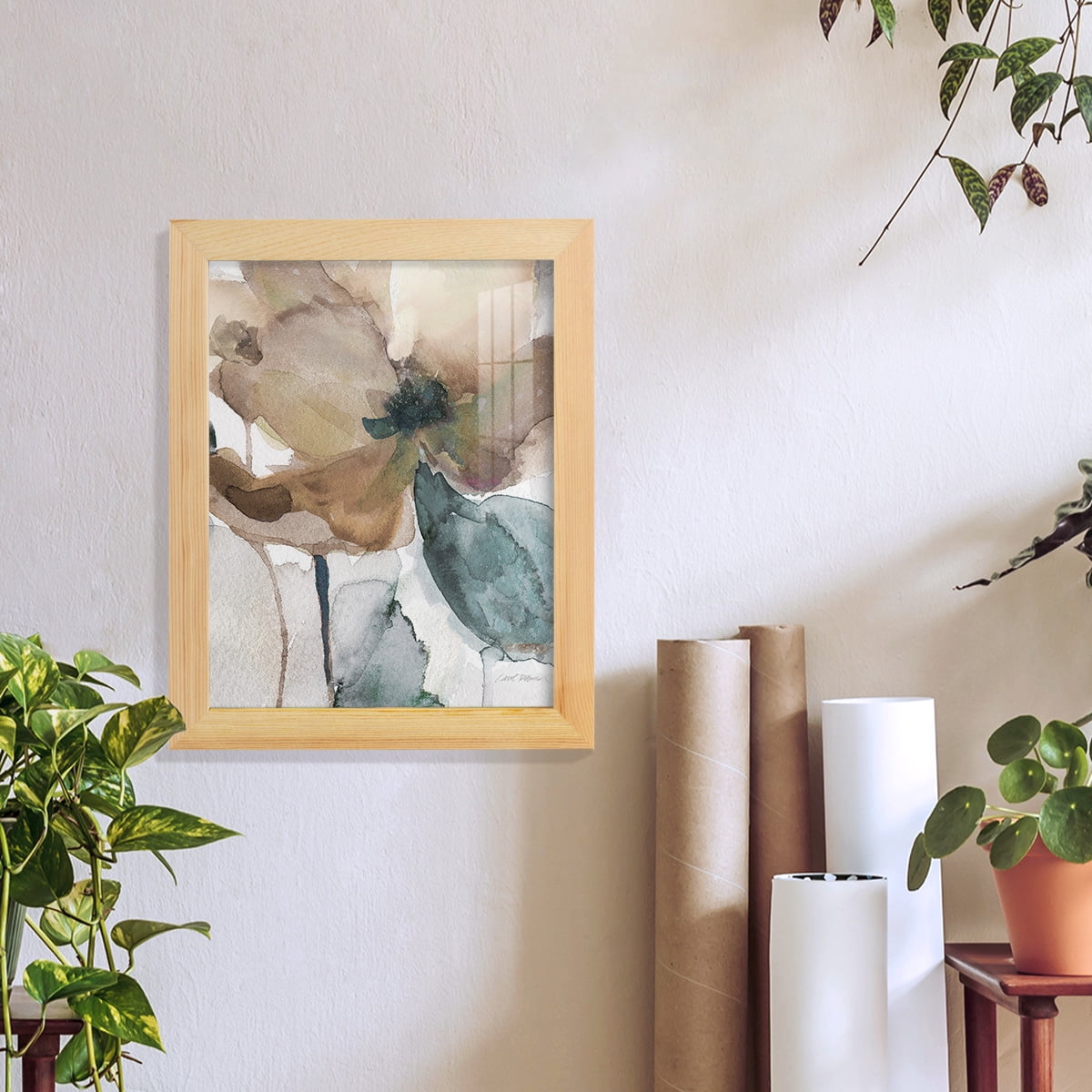 Watercolor Poppy I -Framed Print w/glass-Natural Wood