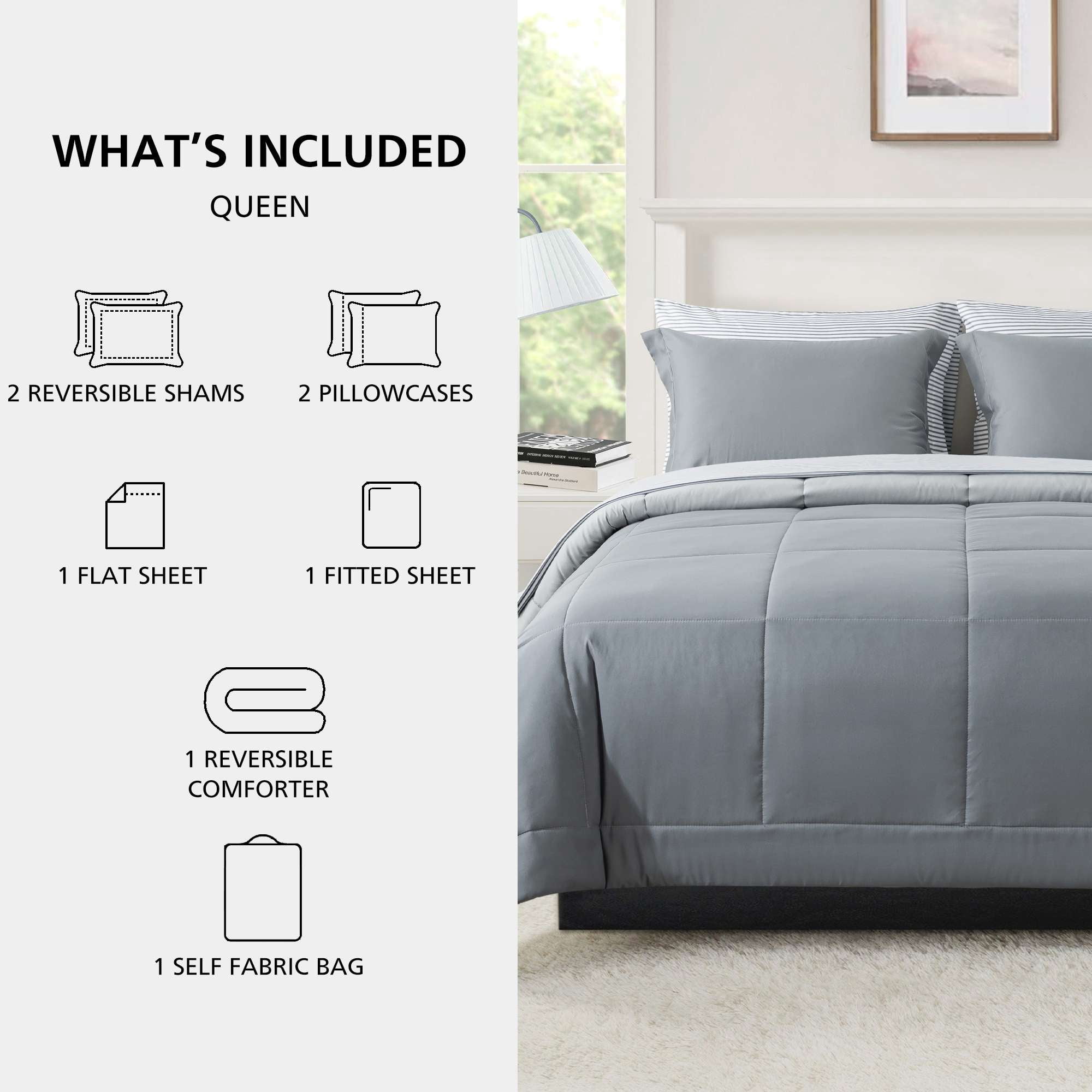 Mainstays Reversible Bed-in-a-Bag Comforter and Sheet Set, 7-Piece, Queen, Gray