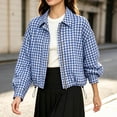 thumbnail image 5 of Women's Plaid Cropped Jacket Long Sleeve Plaid Collared Zip Snap Button Outerwear with Pockets,Drawstring Hem for Daily Wear, 5 of 8