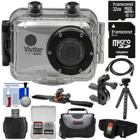 Vivitar DVR786HD 1080p HD Waterproof Action Video Camera Camcorder (Silver) with Remote, Vented Helmet & Bike Mounts + 32GB Card + Case + Tripod Kit