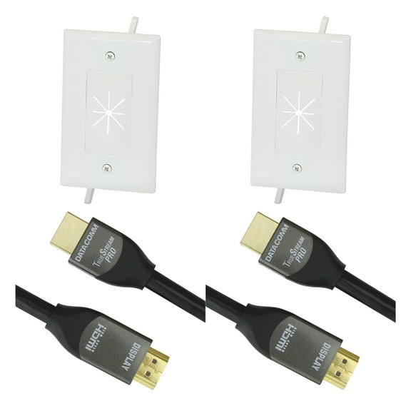 2 Pack DataComm Electronics 45-0014-WH 1-Gang Cable Plate with Flexible Opening (White) & 2 Pack 46-1809-BK 18Gbps HDMI Cable (9ft)