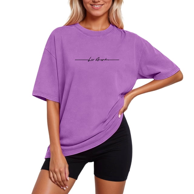 GPOECD T Shirt Washed Drop Shoulder Soft Relaxed Fit Crew Neck Short Sleeve Plus Size Tops for Women Purple_004,XXL