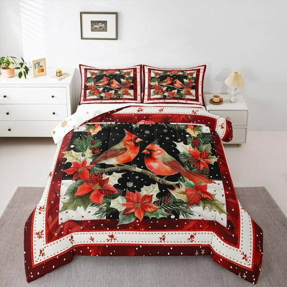 jejeloiu Merry Christmas Bedding Comforter Set,Red Bird Cardinal Twin Comforter Sets,Red Xmas Flower Bedding Set For Girls Boys,Reathable Home Decor Reversible,2-Piece