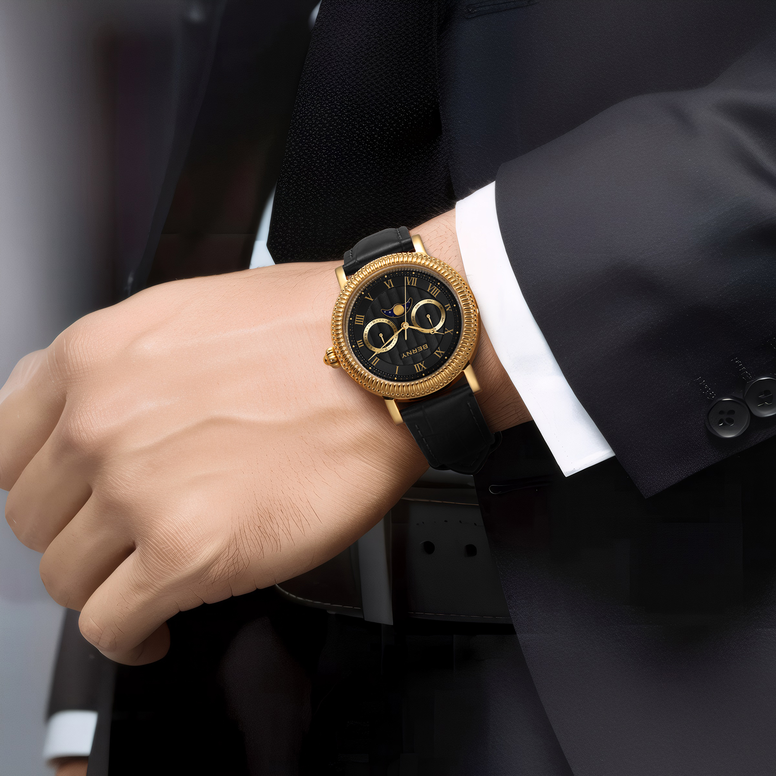 BERNY Mens Leather Watch, Vintage Roman Numerals Moon Phase Dress Watch with Day & Date, Stainless Steel, Sapphire Crystal, Waterproof, Fashion Luxury Analog Quartz Wrist Watches for Men (Gold)