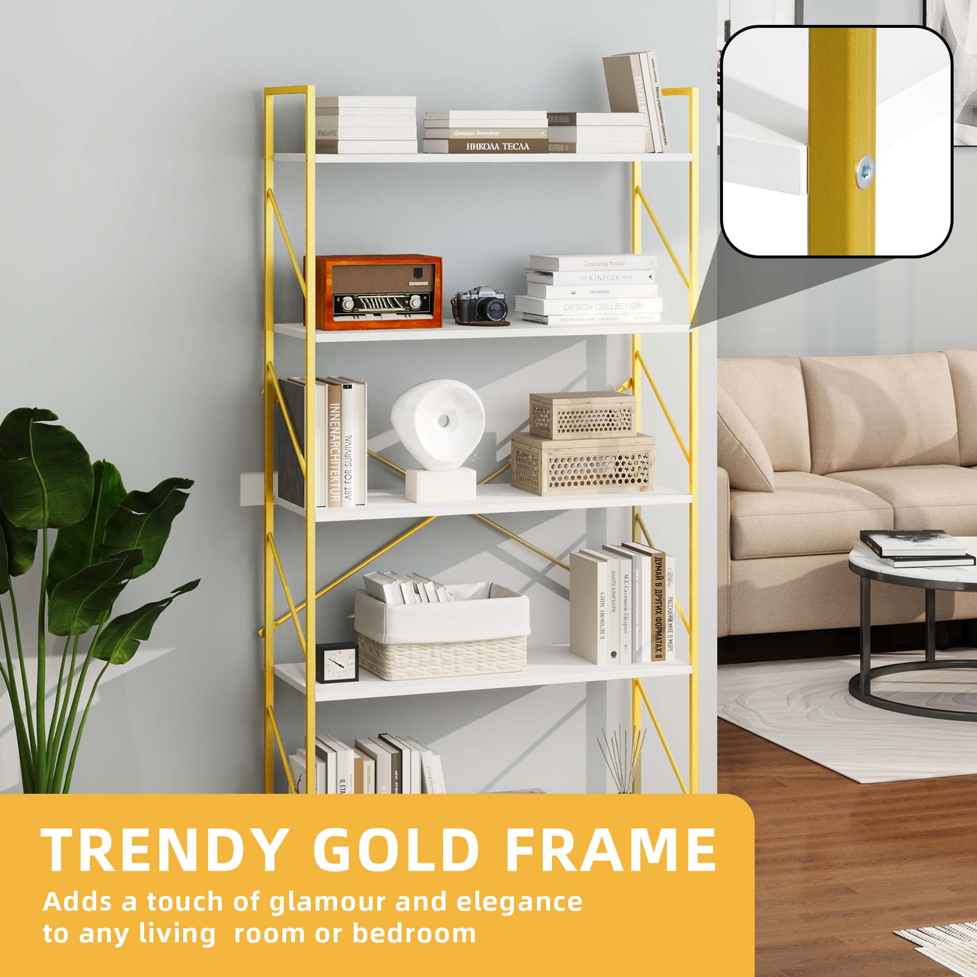 Dextrus 5-Tier Bookshelf, Gold Bookcase, Industrial Freestanding Book Shelf Modern Open Display Storage Organizer Book Shelves for Bedroom, Living Room and Home Office, Gold and White