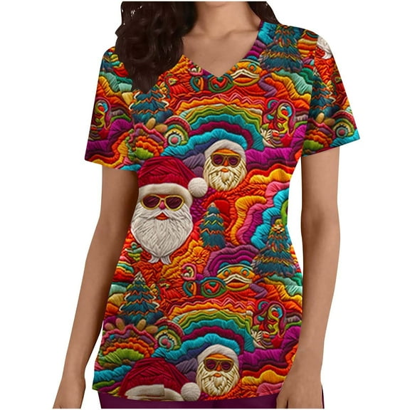 Frostluinai Ugly Scrubs Tops for Women Christmas Short Sleeve Scrubs Tunic Shirts V Neck Santa Clubs Nursing Uniforms with Pocket Christmas Gifts for Women