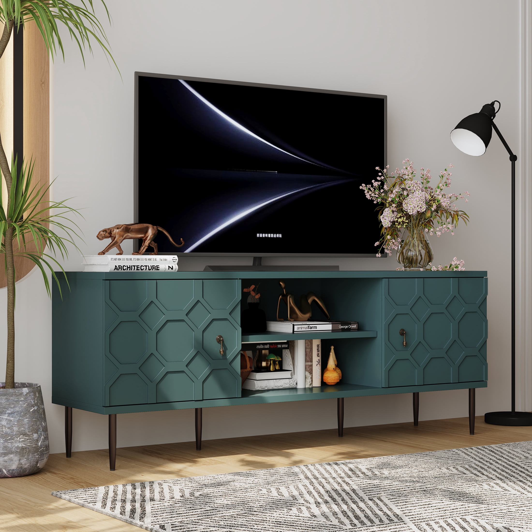 HLR Modern TV Stand for 70-in TV, Embossed Entertainment Center with Storage for Living Room, Green
