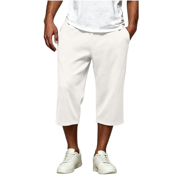 Klisyaur Mens Capri Pants Drawstring Straight Legs Elastic Waist Loose Shorts Casual Fashion Solid Color Pant with Pockets
