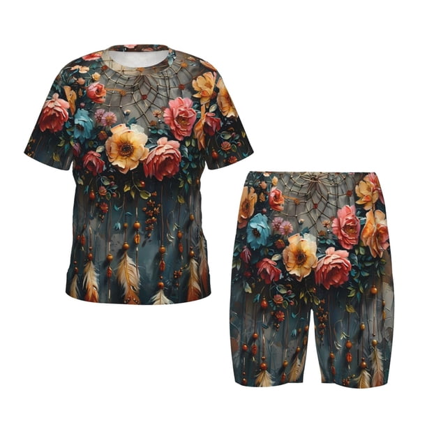 Balery Floral Dreamcatcher Elegance Conjunto de Pijama Infantil de Manga Corta con Estampado – Ropa de Dormir de Algodón Suave-X-Large