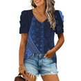 thumbnail image 2 of Olyvenn Tops for Women Trendy Puff Sleeves Pleated V Neck Tunic Blouses Cute Elegant Floral Gradient Graphic Tees Summer Shirts Navy XL, 2 of 5