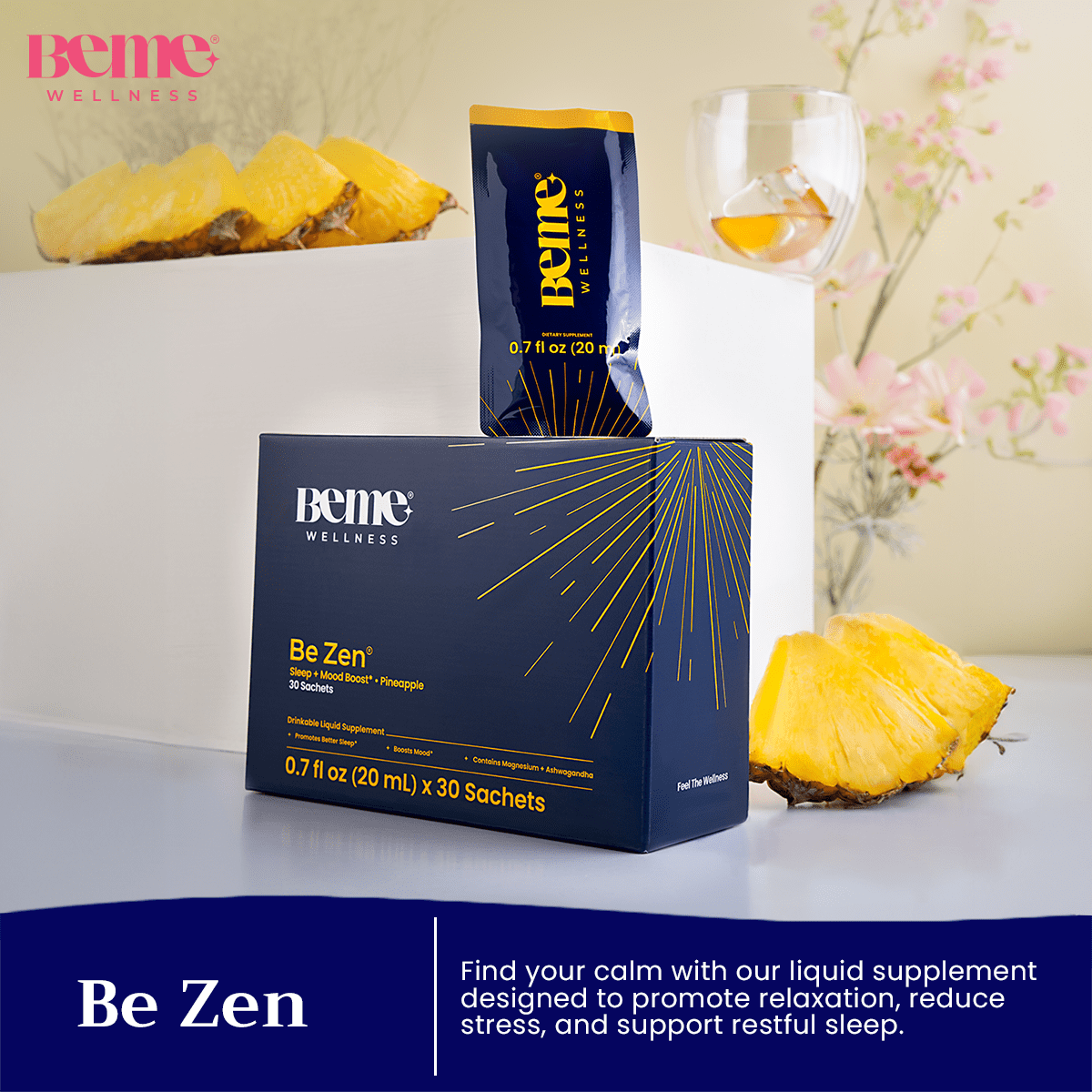 BeMe Be Zen Magnesium Glycinate & L-Theanine Stress Relief & Sleep Supplement - 30 Sachets