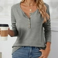 thumbnail image 4 of XFLWAM Women's Striped Tshirt Henley Long Sleeve Slim Fit Tops Scoop Neck Tee Casual Cotton Autumn Winter 90s Shirts Gray L, 4 of 5