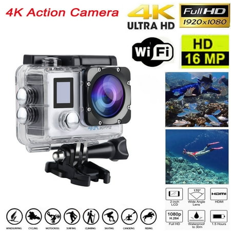 Action Camera 4K WiFi Ultra HD Underwater 30M Waterproof 170° Wide Angle Lens Sports Camcorder with Remote Control 2 Rechargeable Batteries and Mounting Accessories Kit