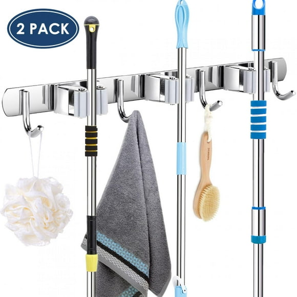 Noref Broom Holder, Broom Hoolder Stainless Steel 3 Clips and 4 Hooks Gray Mop Holder Pack of 2 for Kitchen