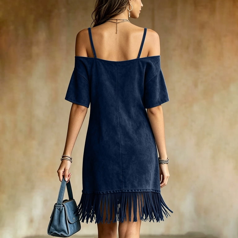 fringe short sleeve shift dress Eawtki Women's Off Shoulder Spaghetti Strap Mini Dress Short Sleeve Fringe Hem Loose Fit Casual Summer Western Club Shift Dress, Size: Small, Beige