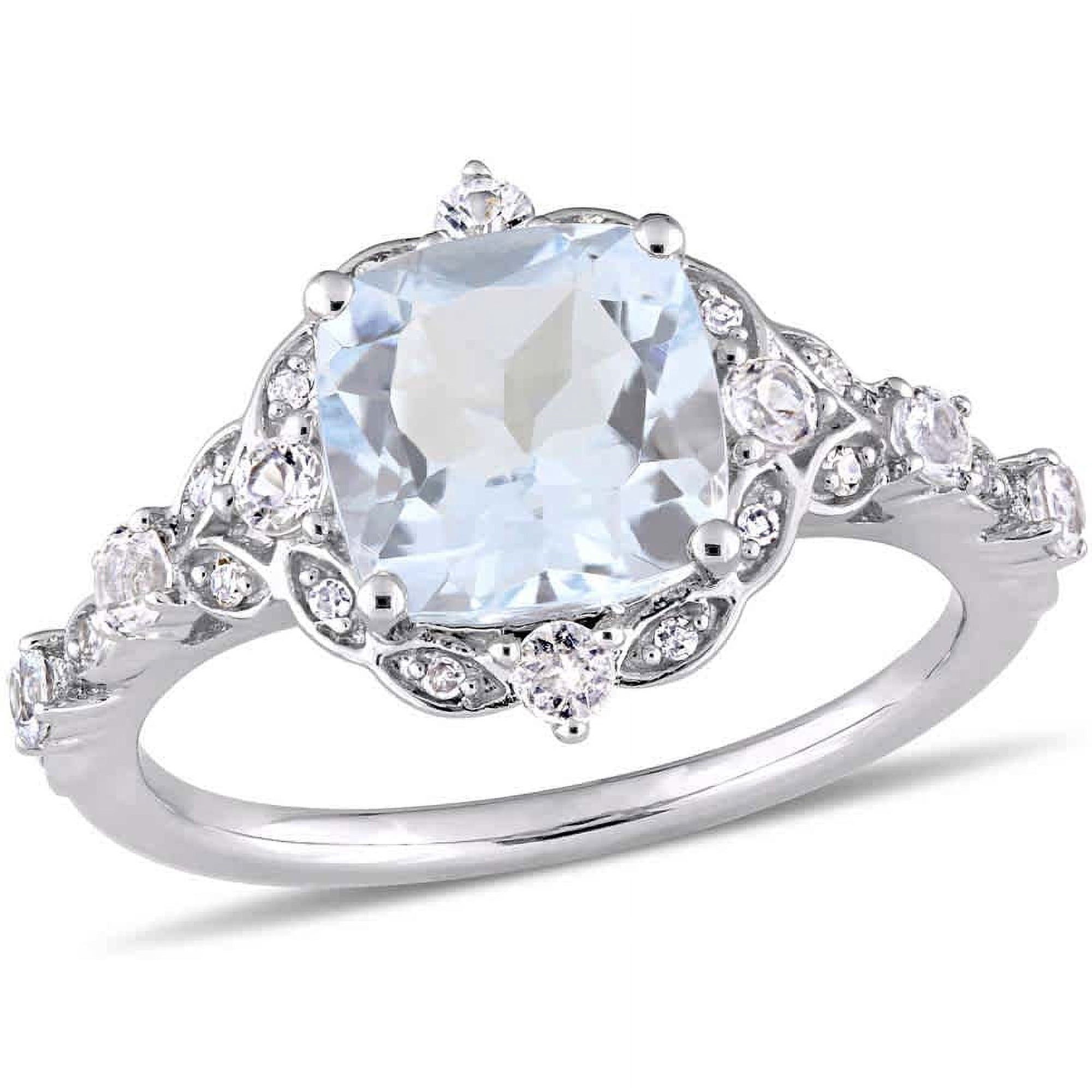 AMOUR 2 3/5 CT TGW Cushion-cut Aquamarine, White Sapphire and Diamond Accent Vintage Ring In 14K White Gold