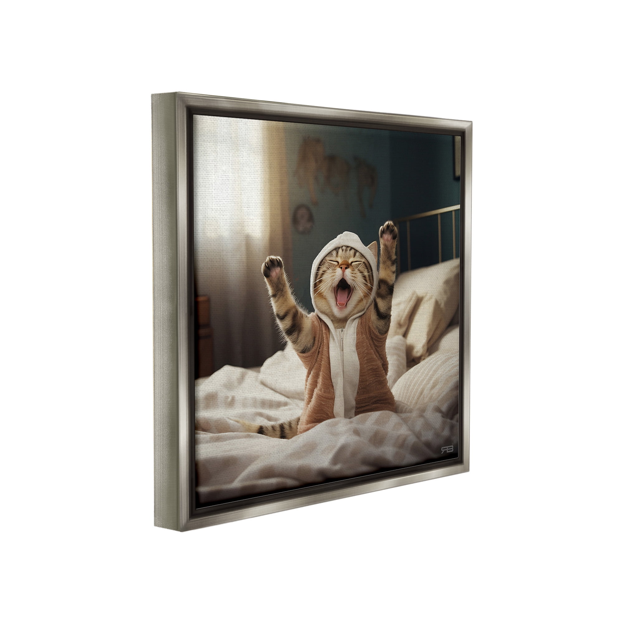 Stupell Industries Yawning Cat in Bed Animals & Insects Painting Gray Floater Framed Canvas Art Print Wall Art, 25 x 25