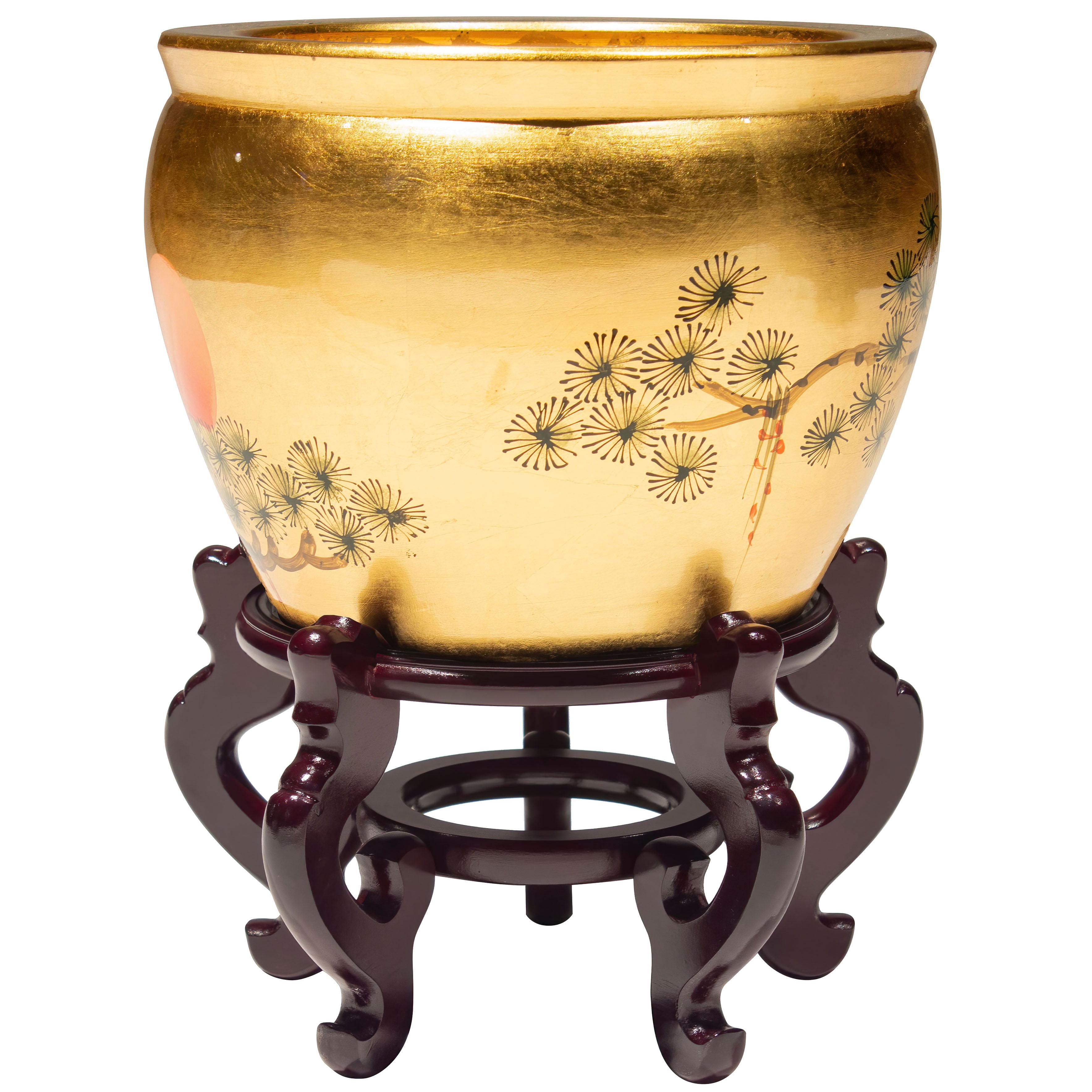 Oriental Furniture 12" Gold Lacquer Fishbowl - Cranes