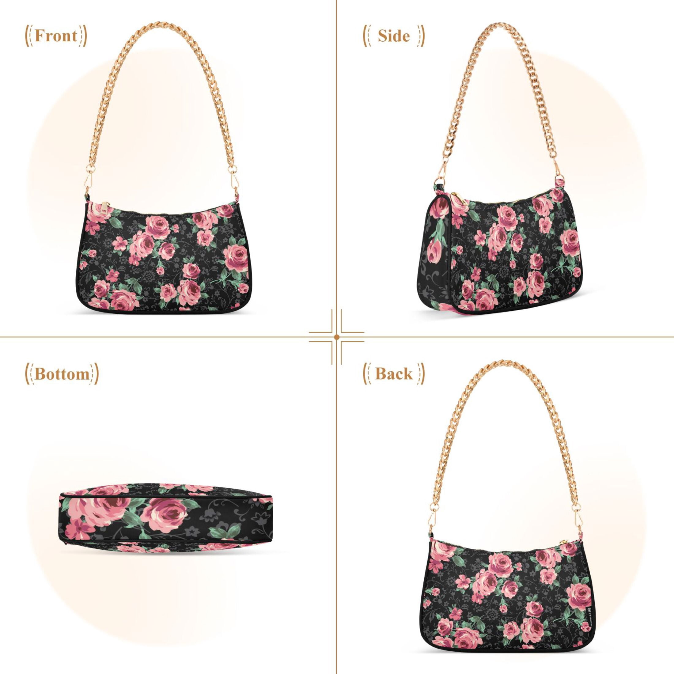 Pink Rose Flower Pattern Womens Chain Shoulder Bag Tote Handbag Clutch Hobo Purse with Zipper for Travel Casual