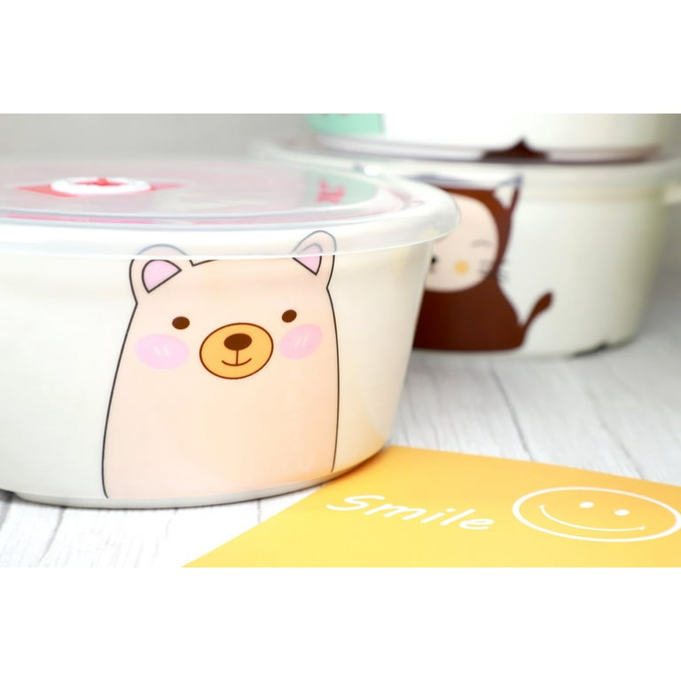 GinkgoHome Microwavable Ceramic Bento Box Lunch Box Food Container with Seal Fine Porcelain Round Shape with Dividers (greenbear)