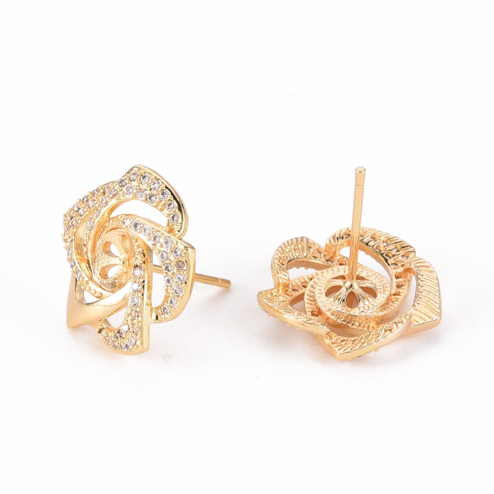 Brass Micro Pave Clear Cubic Zirconia Stud Earrings Findings for Half Drilled Bead Nickel Free Flower Real 18K Gold Plated 15.5x16mm Pin: 0.8mm Pin: 0.8mm(for Half Drilled Bead)