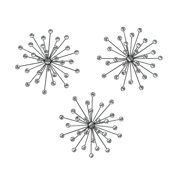 Set of 3 Jeweled 3D Black Metal Atomic Starburst Wall Sculpture Set - 10 Inch Diameter - Classic Mid-Century Modern Decor for Stylish and Artistic Wall Displays