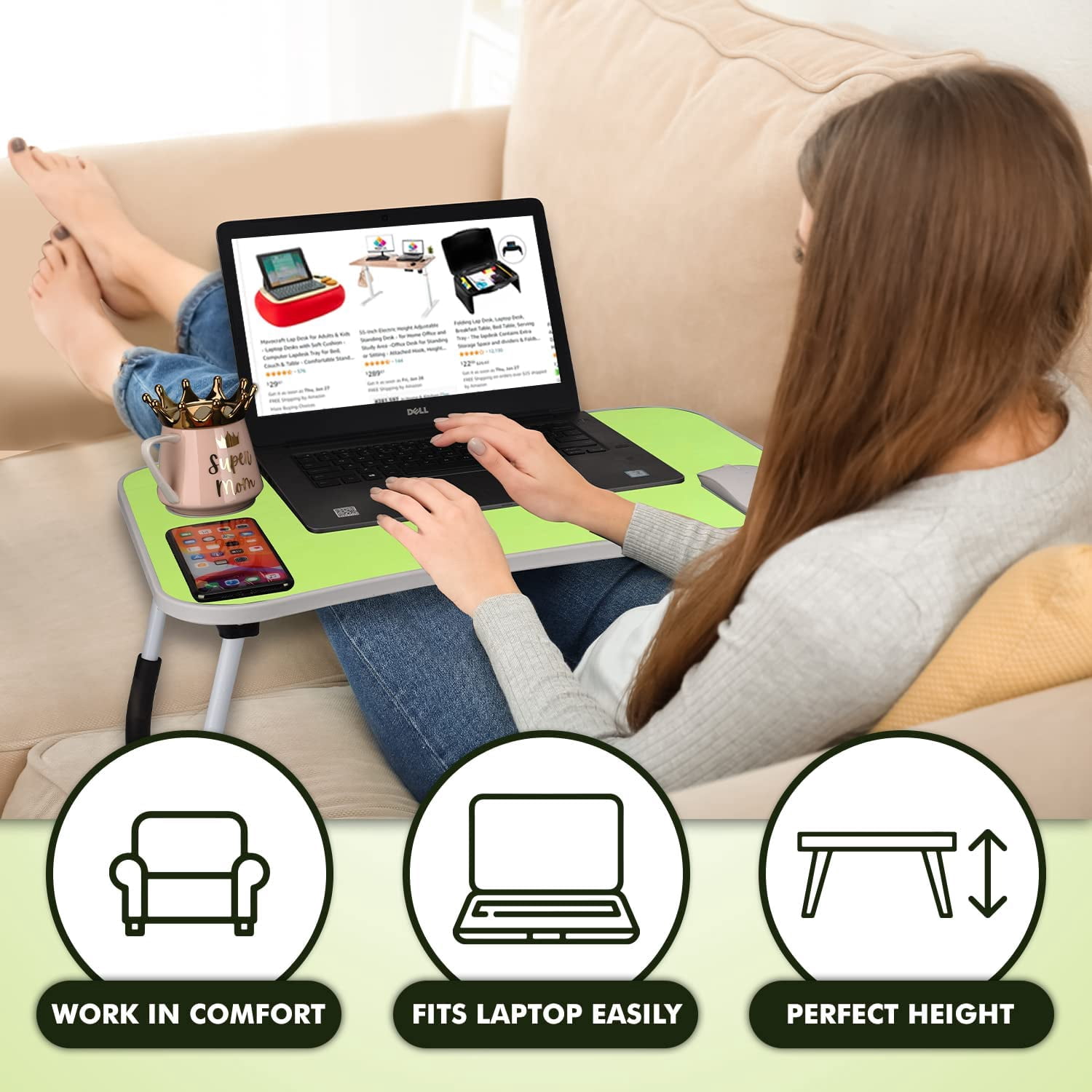 Folding Lap Desk for Bed and Sofa - Portable Wide Surface Bed Desk with Built-in Cup Holder and Tablet or Phone Slot for Working, Studying, Eating, and Watching Movies (Green)