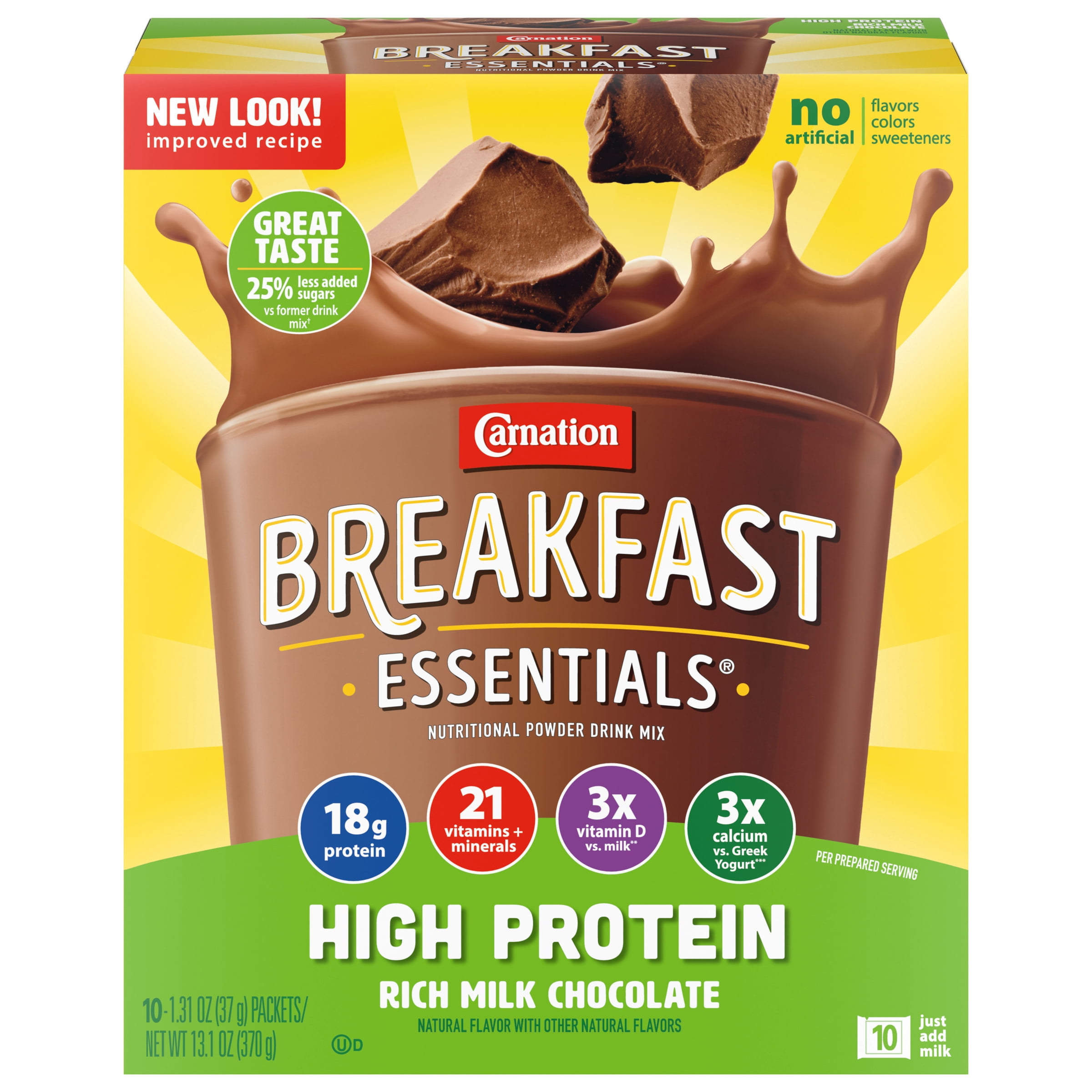 Carnation Breakfast Essentials High Protein Nutritional Powder Drink Mix, Rich Milk Chocolate, 10 - 37 g Packets