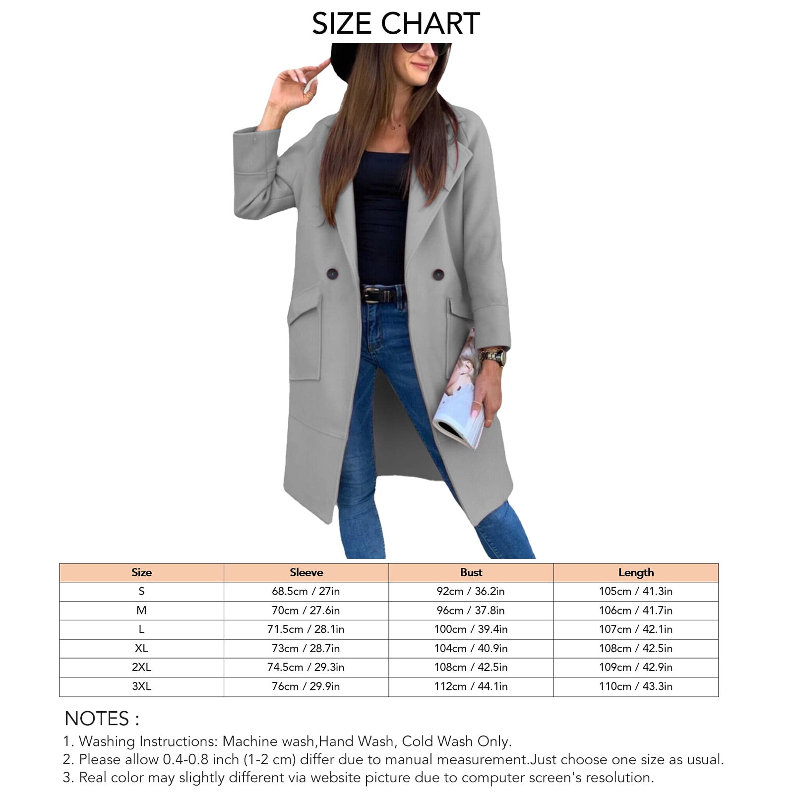 Midi Length Coat Jacket with Large Pockets Long Sleeve Turn Down Collar Pure Color Button Coat for Winter Women Light Gray M