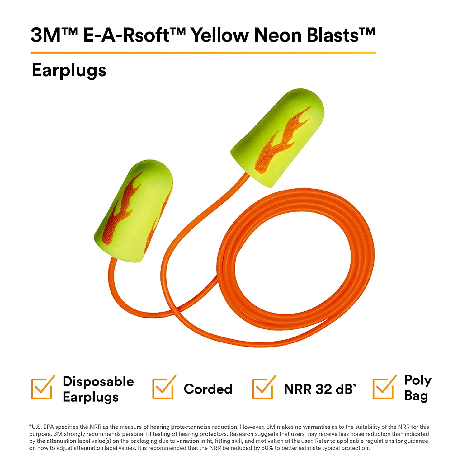 3M 33 dB Disposable Polyurethane Foam Ear Plugs Yellow 200 pair
