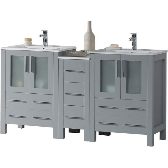 Blossom 60" Bathroom Vanity |Metal Grey | Solid Wood | Double Ceramic Sinks | Freestanding w/ Side Cabinet