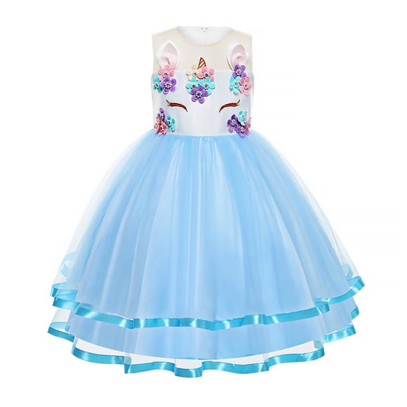 KAWELL Girls Unicorn Flower Dress Elegant Princess Dress Birthday Party Dress 2-8 Years Old