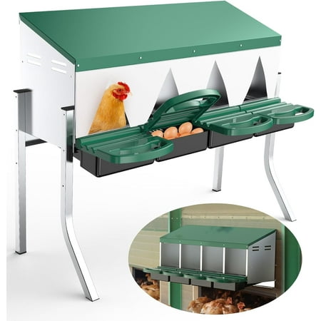 Chicken Nesting Box 4 Compartments Chicken Eggs Laying Box for Chicken Coop with Curtains and Adjustable Legs  Roll Out Egg Tray