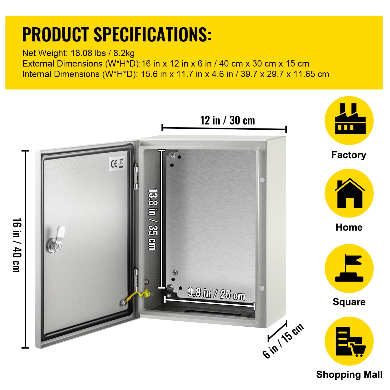 SKYSHALO Steel Electrical Box 16” x 12” x 6”Electrical Enclosure Box, Carbon Steel Hinged Junction Box, IP65 Weatherproof Metal Box Wall-Mounted Electronic Equipment Enclosure Box with Mounting Plate