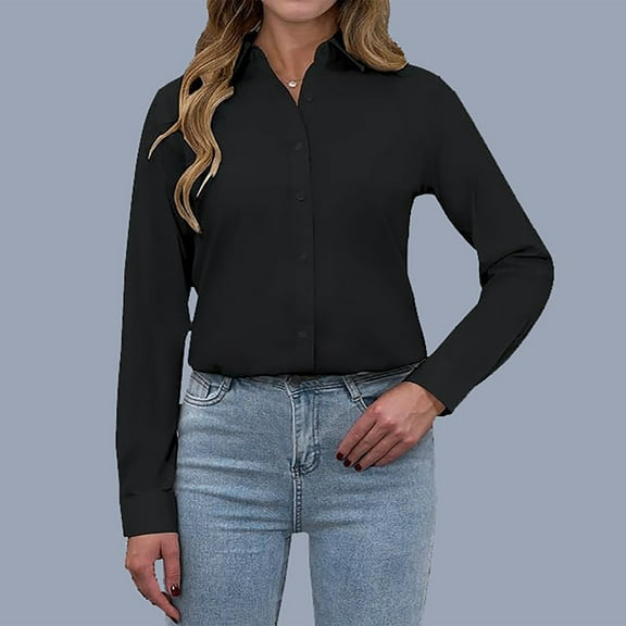 Women's Dressy Business Shirts Long Sleeve Button Down Tops Collared Solid Color Casual Work Fashion Blouses