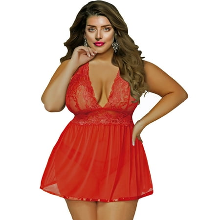 Lacy Line Sexy Lace And Mesh Plunging Neckline Plus Size Babydoll Set