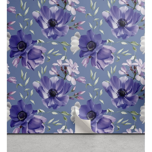 Ambesonne Floral Peel & Stick Wallpaper for Home, Botanical Romantic Flowers, 13"x36", Cadet Blue and Violet
