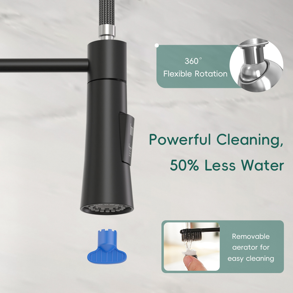 Wall Mount Kitchen Faucet 2 Handles, 8 Inch Center Wall Commercial Utility Sink Faucet with Pull Out Sprayer 2 Modes, Stainless Steel, Matte Black