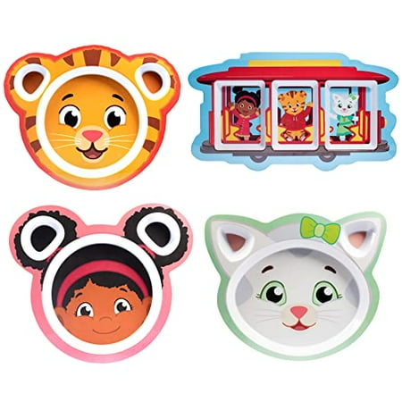 Daniel Tiger Mealtime Feeding Plates - Set of 4  Cute Dishes for Kids w/ Daniel Tiger  Trolley  Katerina Kitty Cat & Elaina - Divided Compartments for Portion Control & Healthy Eating  Dishwasher Safe