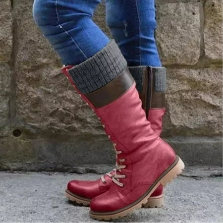 

FITORON Womens Mid Calf Boots- Lace-Up Leather Round Toe Low-heeled Keep Warm Shoes Cowboy Knight Boots Red 35