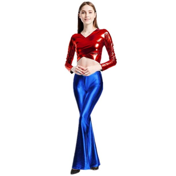Pantalones acampanados con cintura elástica y moda de cuero brillante para mujer de escenario sexy de Europa y Estados Unidos, pantalones de pierna ancha para discoteca