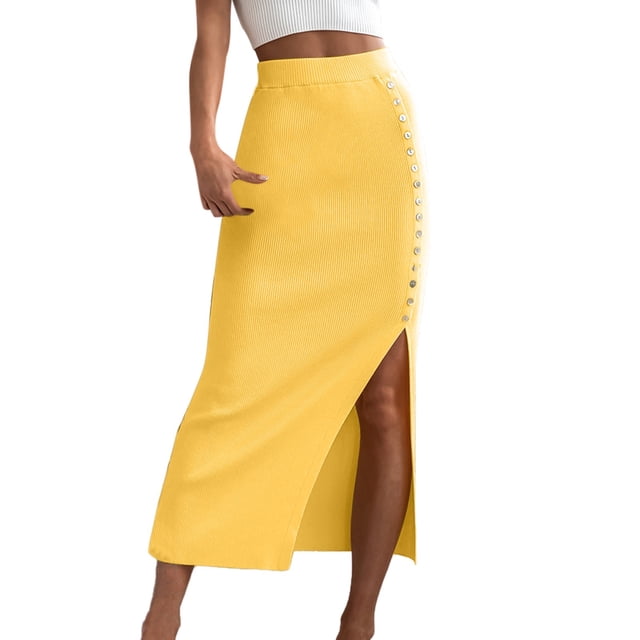 B91xZ Jupe Courte pour Femmes Basique Décontractée Taille Élastique Jupe Évasée Midi, Jaune TG