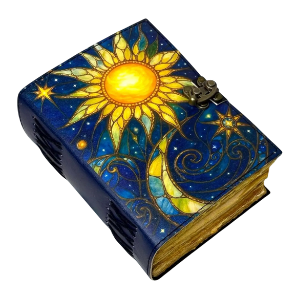 Handmade Leather Journal with Sun & Moon Artwork – 5x7 Inch Vintage Notebook with 200 Deckle Paper Pages, Antique Clasp, Handmade Writing Diary & Sketchbook