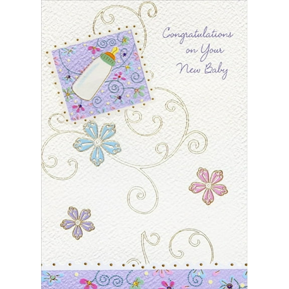 Designer Greetings Bottle Inside Diagonal Purple Square and Gold Foil Dots New Baby Congratulations Card