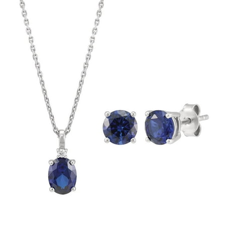 Brilliance Fine Jewelry Created Blue Sapphire and White Cubic Zircoina Pendant Necklace and Studs Set in Sterling Silver