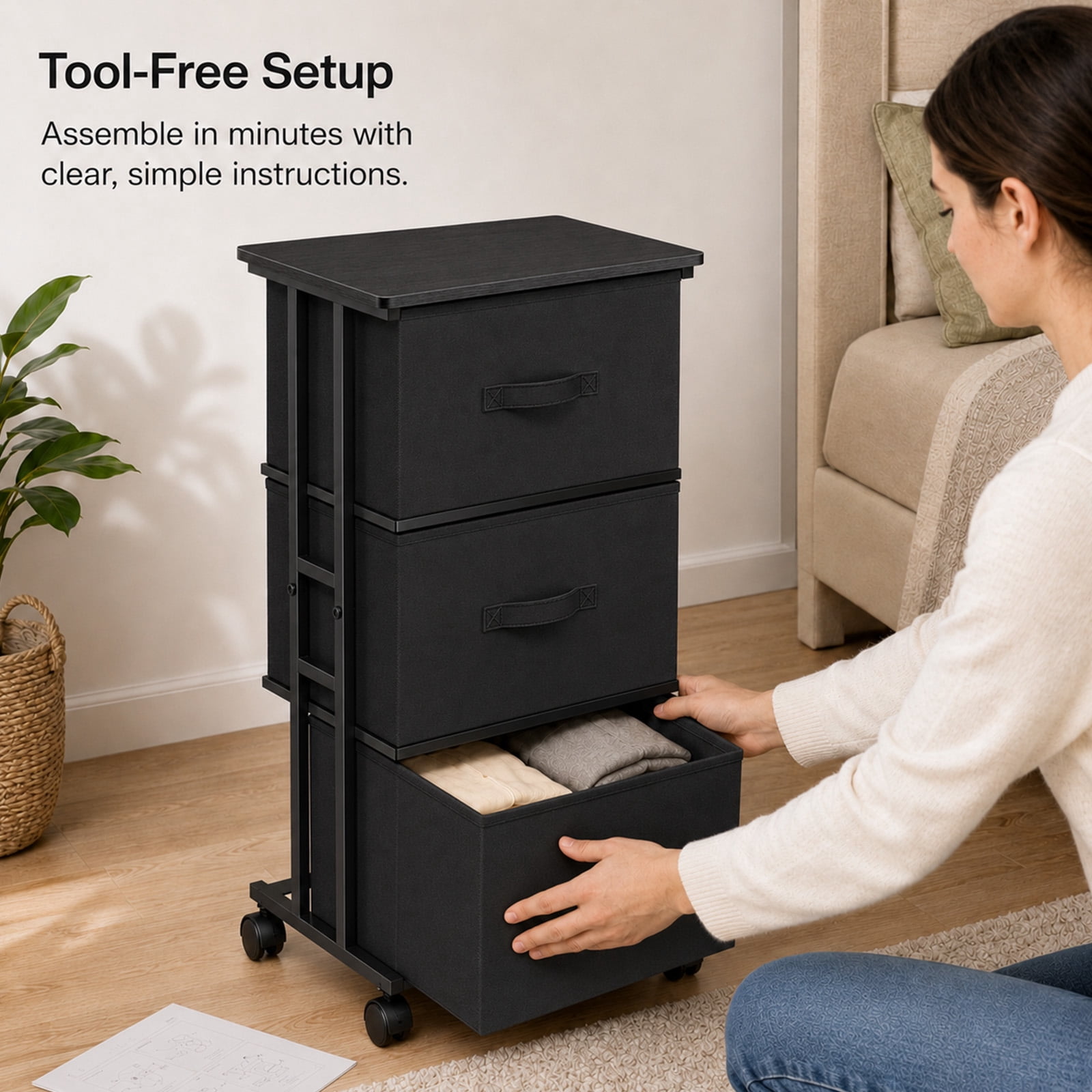 Alvantor Fabric Dresser 3 Drawer Storage Chest, Rolling Storage Tower, Vertical Storage Unit for Bedroom, Closet, Office